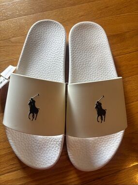 Ralph Lauren White Slide Sandals with Navy Pony Polo Logo size 13 new